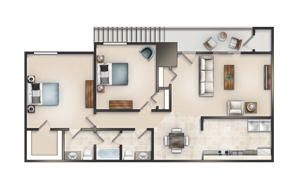 The Cedar floorplan is a two-bedroom and one-and-a-half bathroom apartment home