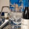 close-up of wine and glasses on silver tray in dining area at Cary Pines Apartments in Cary, NC